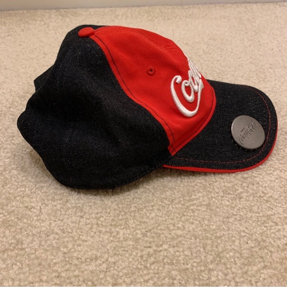 Coca-Cola Red Black Snapback Denim Baseball Cap Hat Metal Bottle Opener - Picture 2 of 12